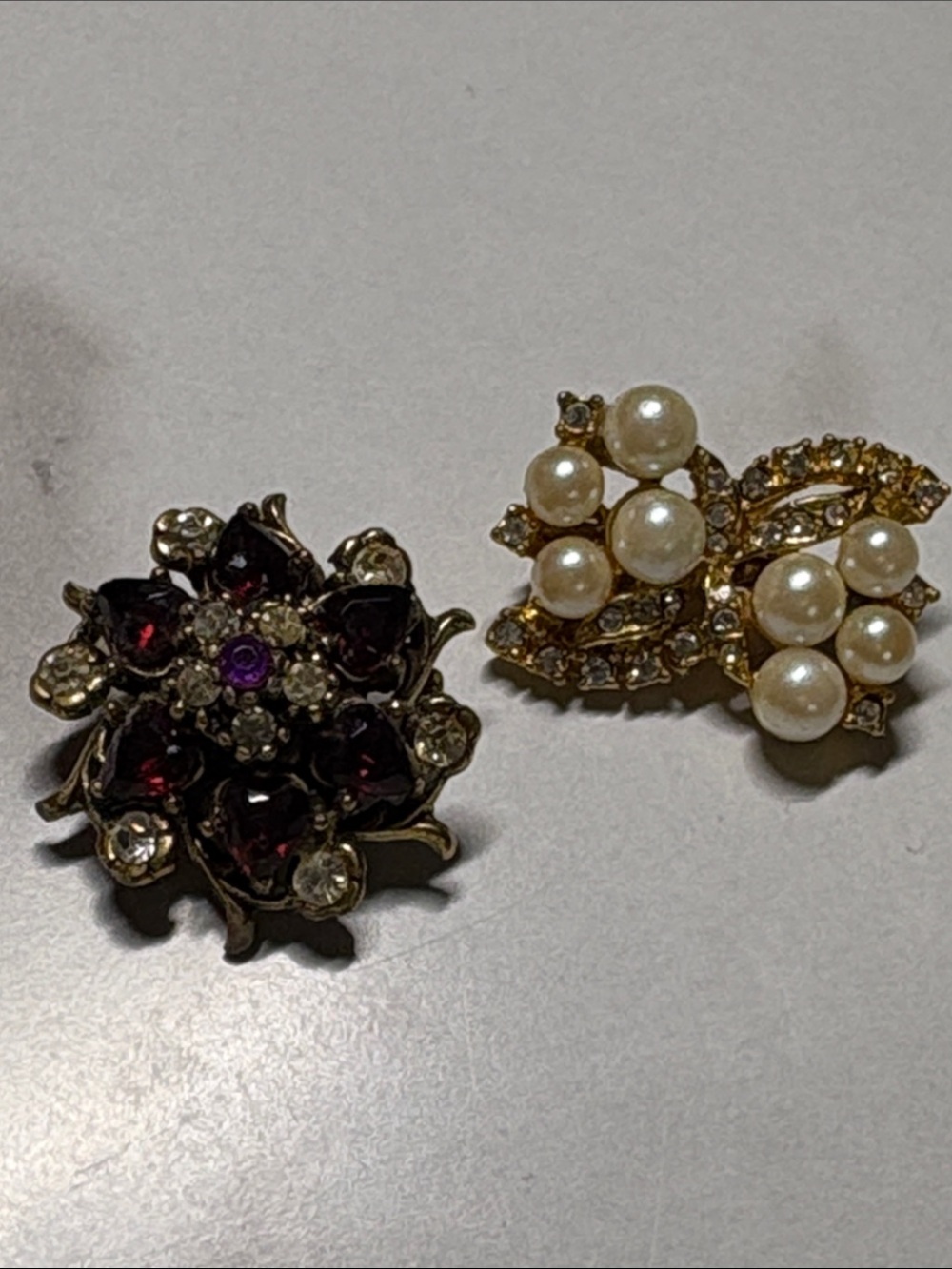 Vintage Gold Pearl and Garnet Floral Brooch Set